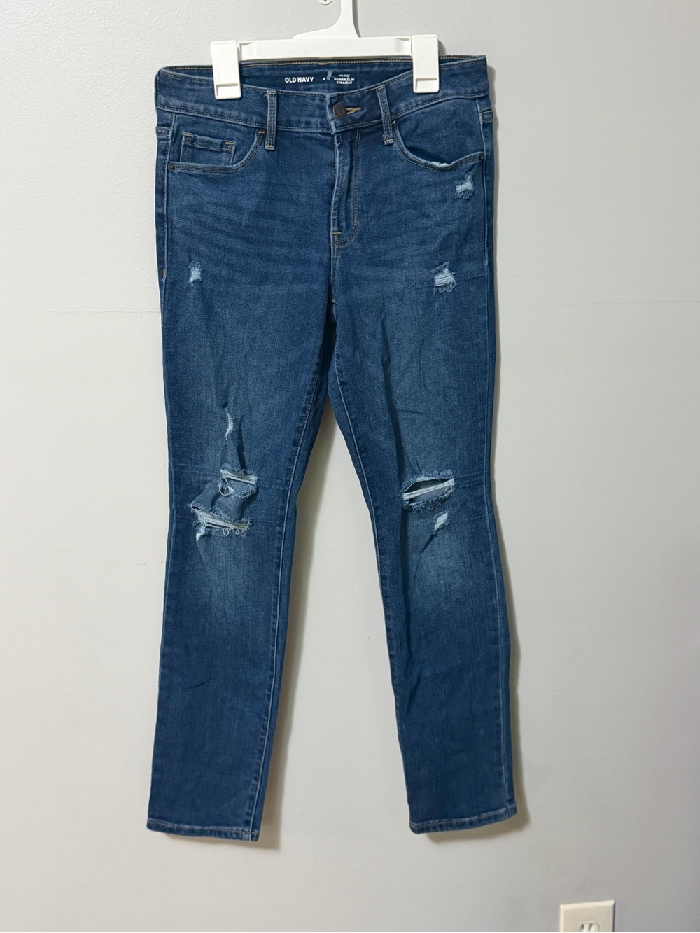 Old Navy Size 4 Power Slim Straight Jeans Mid Rise Distressed Ripped Medium Wash